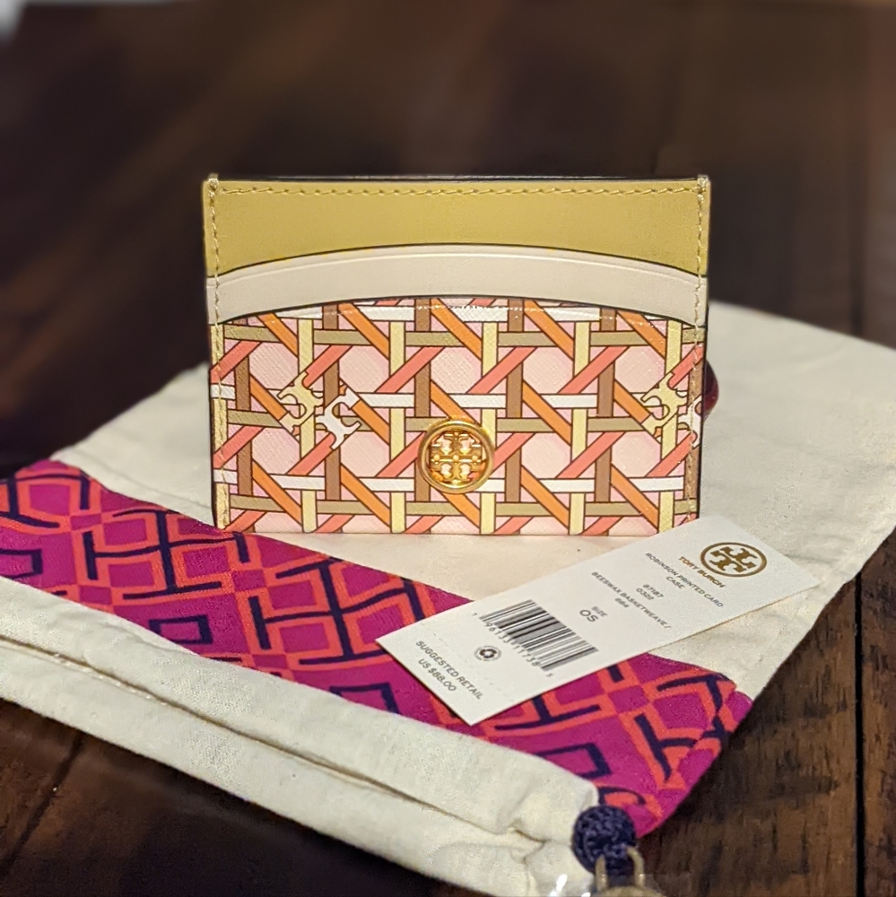 Tory Burch Robinson Beeswax Basket Weave Card Holder + Dust Bag Nwt ❤